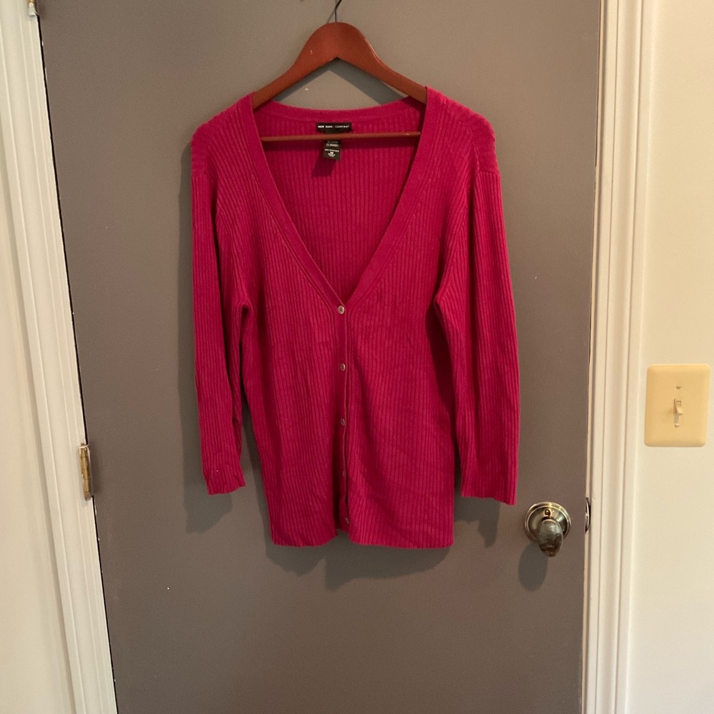 NY & Co Rib Knit Raspberry Pink 3/4 Sleeve V-Neck Cardigan